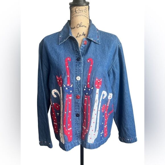 Vintage patchwork embroidered patriotic star  cats denim button up shacket - Picture 1 of 9
